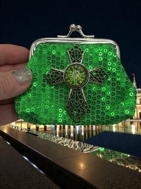 Green Sequin Silver Cross Coin Purse W/ Eclectic Floral 18mm Ginger Snap Button